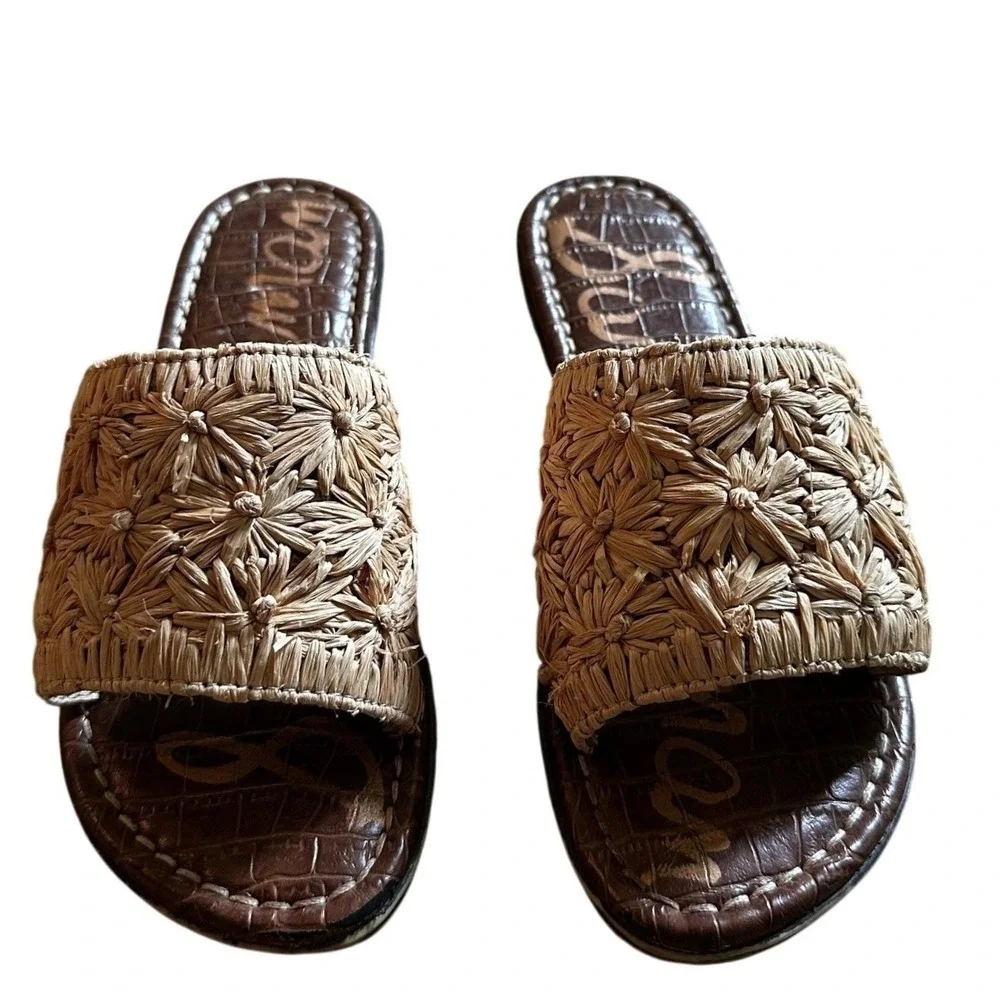 Sam Edelman Brown Croc Giovanna Raffia Floral Slide Sandals Kid's 1M‎